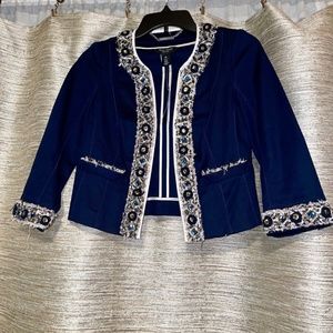 White House Black Market Navy Blue Blazer with Gold Beaded Trimming